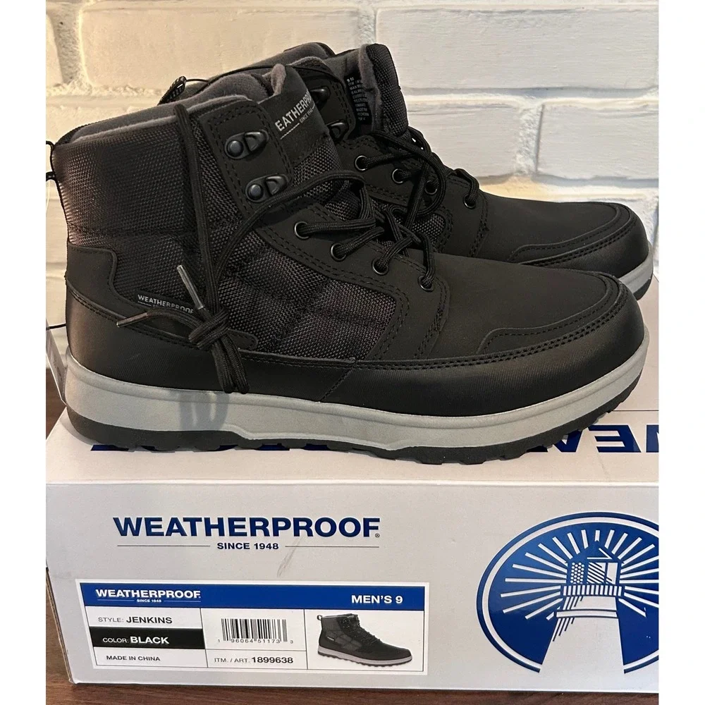 NWT Weatherproof Jenkins Mens 9 Black Mid Top Memory Foam Hiking Boots Atheisure